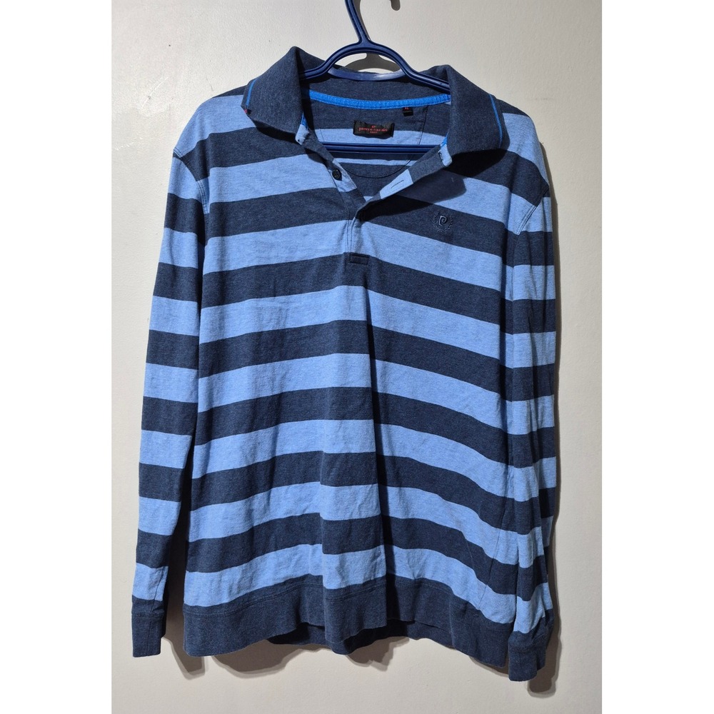 Pierre Cardin Mens Long Sleeve Polo Shirt XL Blue Striped 100% Cotton Casual